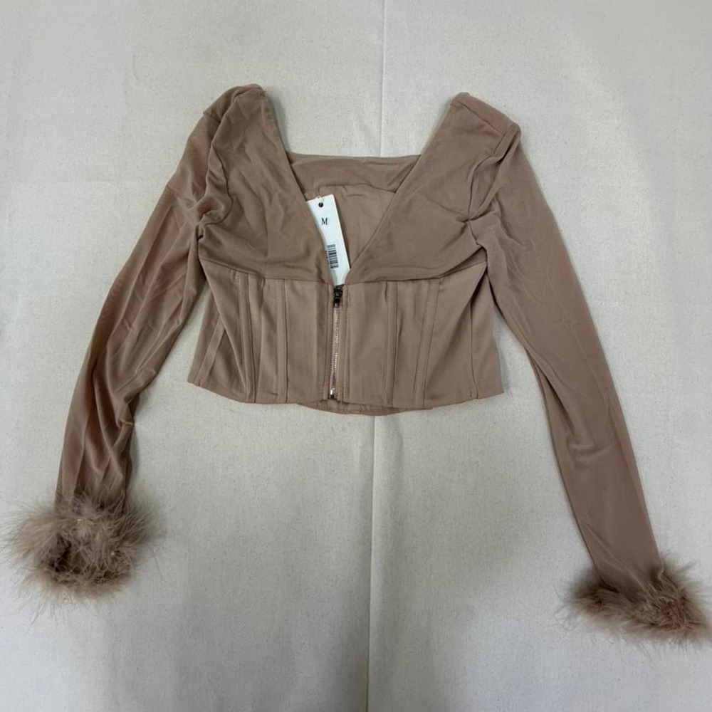 Tan faux fur trim long sleeve top
